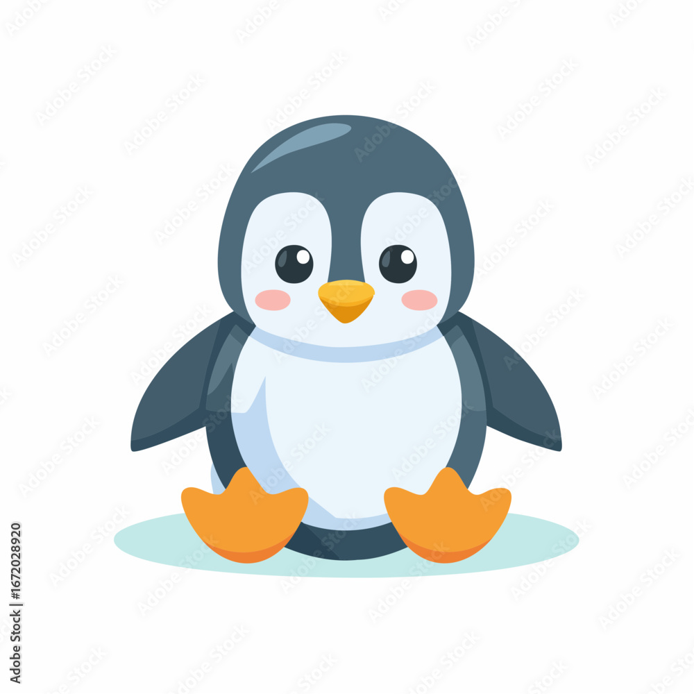 Obraz premium Cute cartoon penguin sitting on a light blue background.