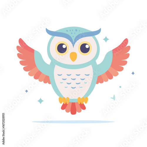 Cartoon illustration of a cute, stylized owl with outstretched wings, featuring pastel colors and sparkling accents.