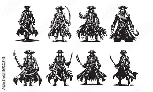 Eight Full Body Skeleton Pirates In Detailed Pirate Attire skull crossbones Talk Like a Pirate a Pirate Silhouette