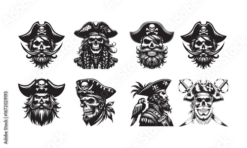 Eight Pirate Skull Portraits With Hats Beards And Weapons pirate hat Talk Like a Pirate a Pirate Silhouette