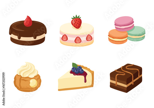 Delightful collection of vector pastries: chocolate cake, strawberry cake, macarons, cream puff, cheesecake, and chocolate bar, showcasing a variety of sweet treats.