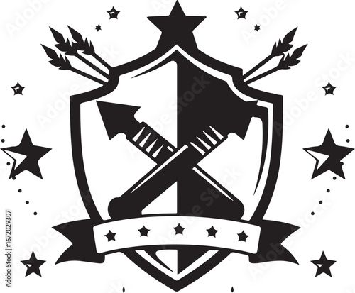 Modern emblem with crossed axes and arrows, stars, and banner