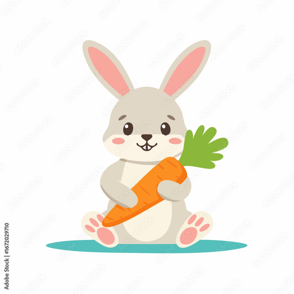 Fototapeta premium Adorable grey bunny rabbit happily holding a large orange carrot.