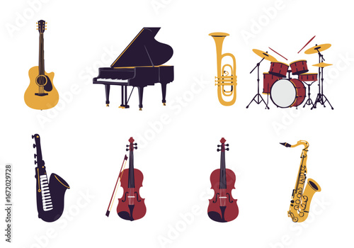 Colorful collection of diverse musical instruments, including guitar, piano, drums, tuba, violins, melodica, and saxophones on a clean white background, perfect for music themes.