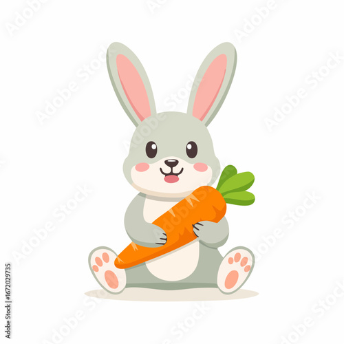 Adorable cartoon bunny rabbit happily holding a large orange carrot.