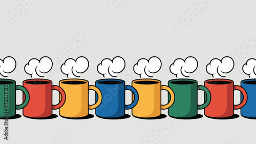 A row of colorful cartoon coffee mugs with steam rising against a light neutral background illustration