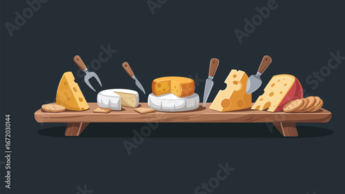 A wooden cheese board featuring various cheeses crackers and cheese knives on a dark gray background