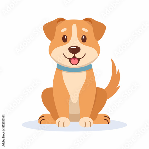 A cute brown cartoon puppy with a blue collar sitting and smiling happily against a white background.