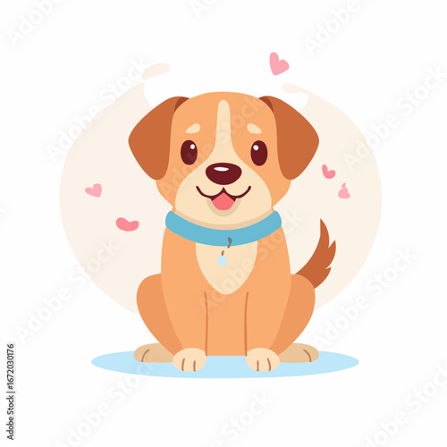 A cute cartoon puppy sits happily with a blue collar, surrounded by floating pink hearts.