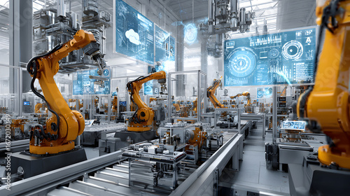 Smart Industry 4.0 concept with automation robots, IoT, cloud and big data interfaces in high-tech factory setting --ar 16:9
