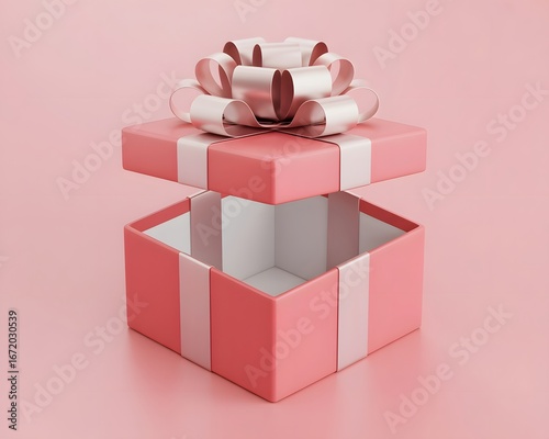Empty open pink gift box with a pale pink bow on a pink background present