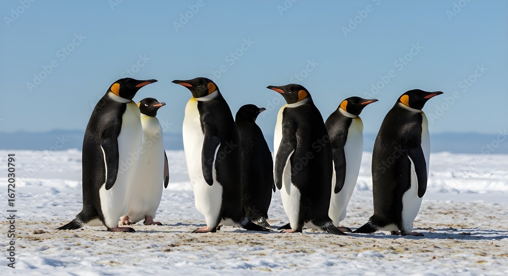 Fototapeta premium Group of emperor penguins with chicks in snowy Antarctica