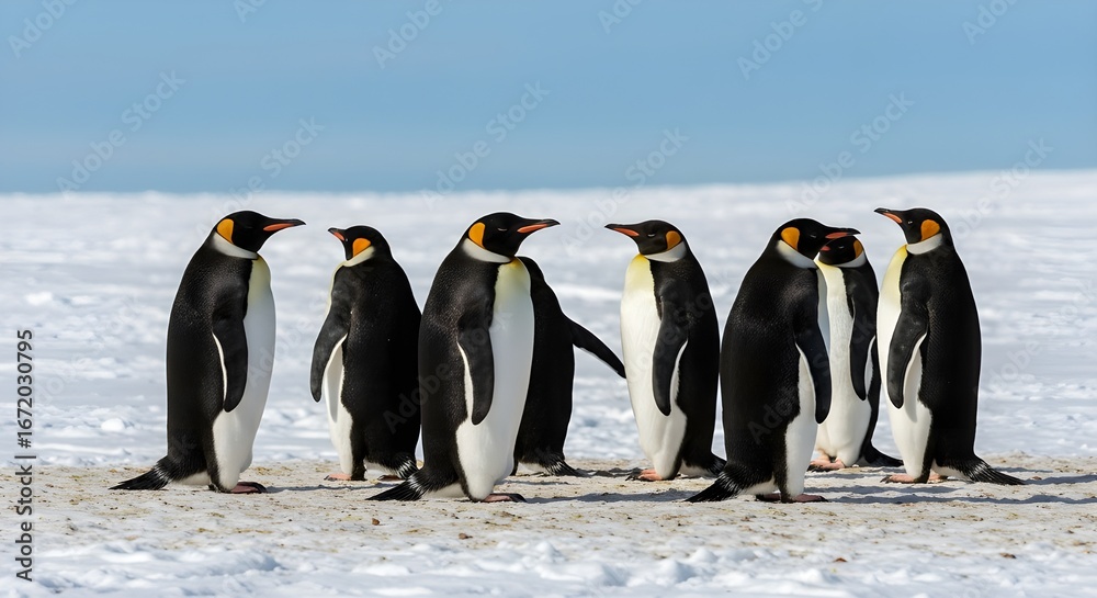 Obraz premium Group of emperor penguins with chicks in snowy Antarctica 