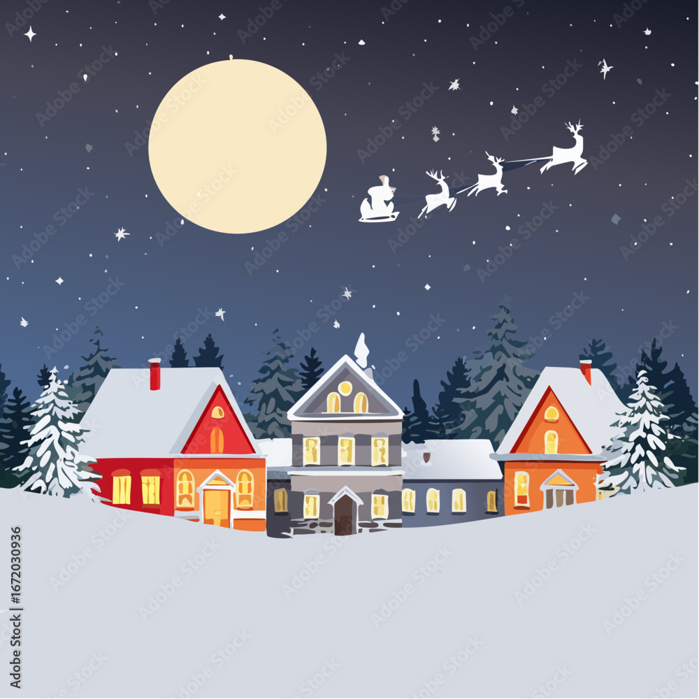 Naklejka premium Whimsical Christmas Eve illustration with Santa Claus in his sleigh flying over a snow-covered village under a bright full moon and starry sky