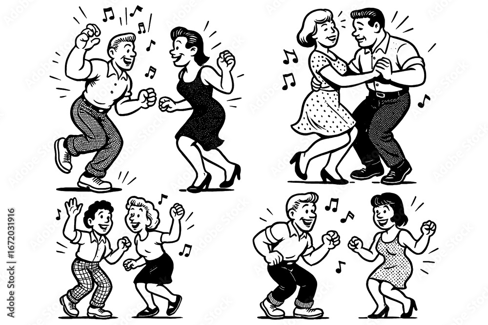 Fototapeta premium Retro dancing couple characters with lively music notes in vintage comic style, Transparent Background