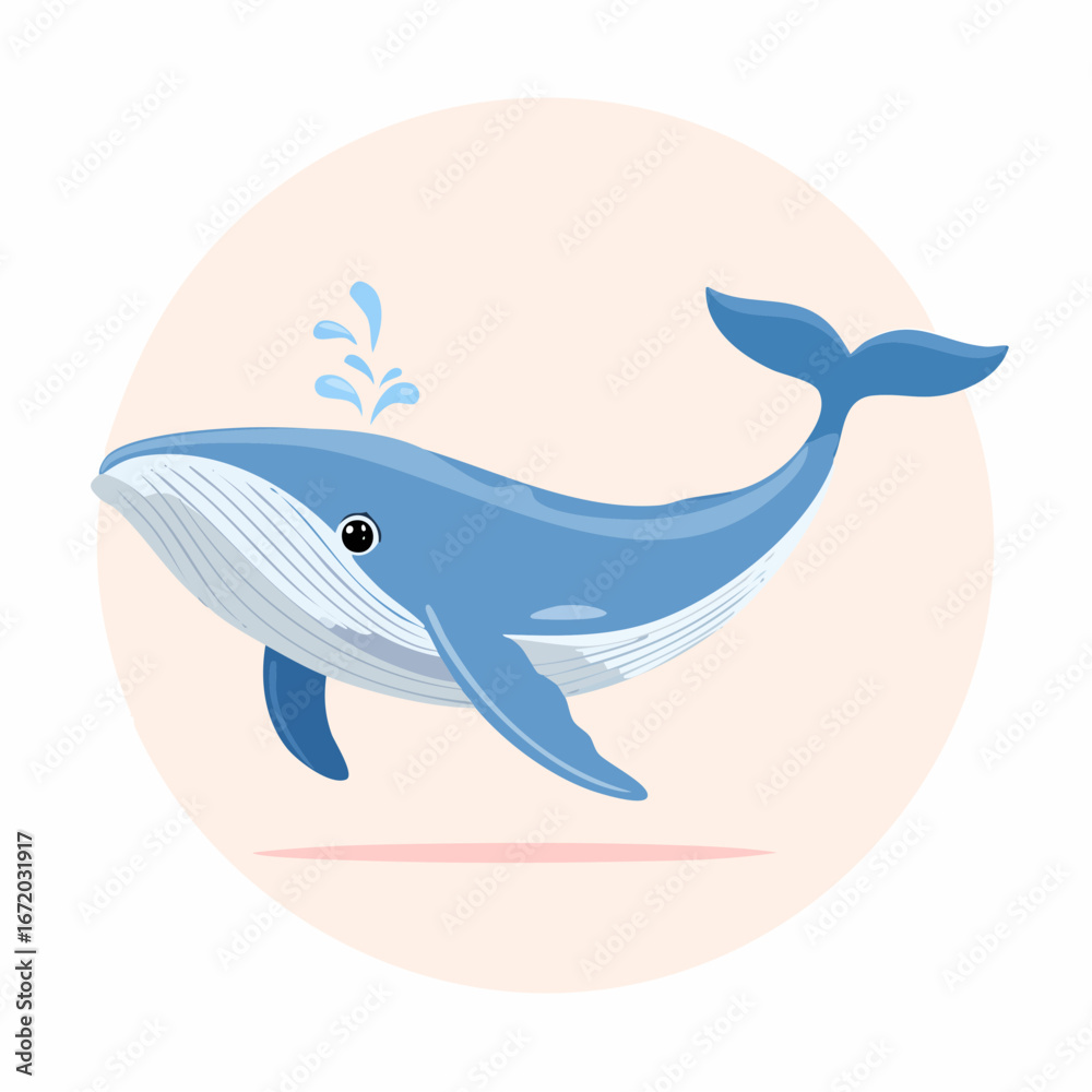Fototapeta premium Cute cartoon whale illustration in a circle, showing playful water spray.