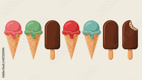 A row of colorful ice cream cones and chocolate covered ice cream bars on a cream colored background