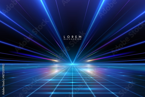 Light rays effects background with grid on floor