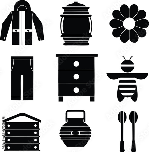 Beekeeping and Bee Product Icons Set Vector Silhouettes
