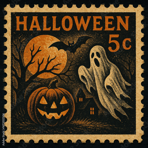 Vintage Halloween Postage Stamp – Spooky Retro Design with Classic Horror Motifs