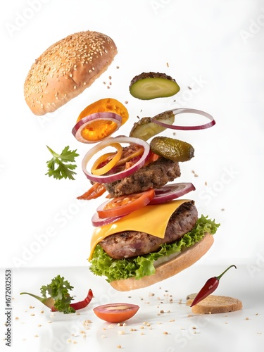 Gourmet burger ingredients suspended in mid air with white background hamburger food