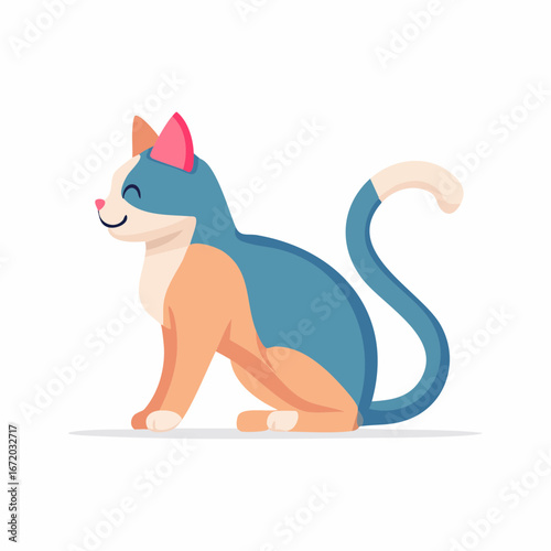 A charming cartoon illustration of a contented, multi-colored cat sitting gracefully on a white background, with its tail curled elegantly.