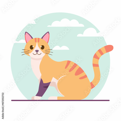 A charming cartoon illustration of a ginger tabby cat with orange stripes, sitting calmly against a soft blue sky with fluffy white clouds.