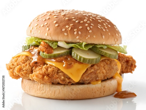 Gourmet fried chicken burger with melted cheese lettuce and pickles gourmet burger sesame seed bun