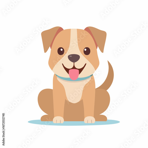 A cheerful cartoon illustration of a happy, light brown puppy with a light cream-colored face, wearing a blue collar and sitting attentively with its tongue playfully sticking out.