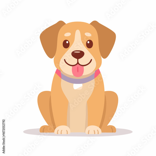 A cute cartoon dog with floppy ears and a pink tongue, wearing a collar, sitting patiently and looking forward.