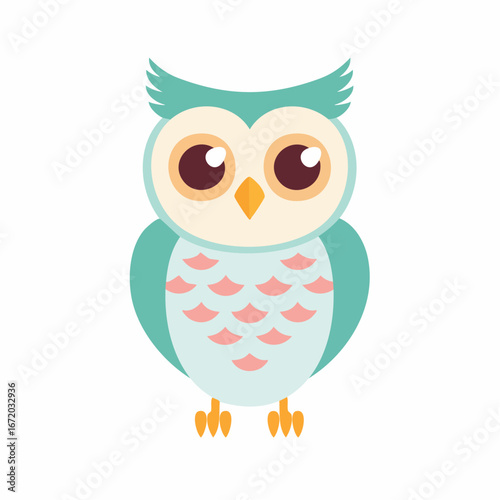 A cute cartoon owl illustration with big brown eyes and teal, light blue, and pink feathers, standing on a white background.
