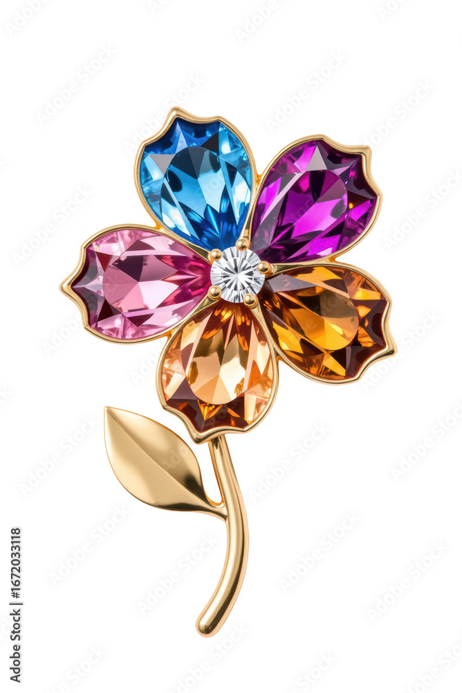 Naklejka premium Colorful flower brooch featuring multiple gemstones in shades of blue, pink, purple, orange, and yellow, set in gold tone metal