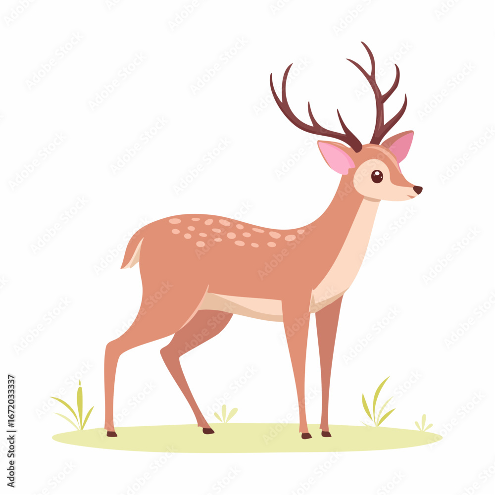 Obraz premium Illustration of a light brown spotted deer with antlers standing on a green patch of grass.