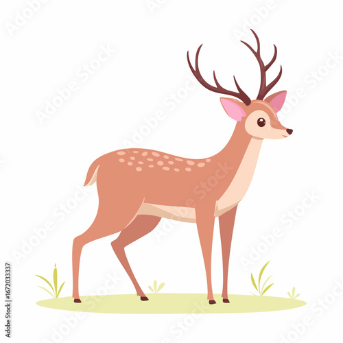 Illustration of a light brown spotted deer with antlers standing on a green patch of grass.