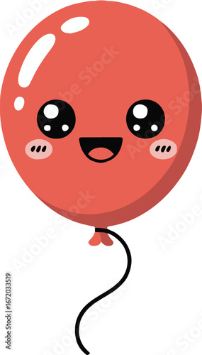Illustration of a red balloon with a cute face and a black string on a white background design element