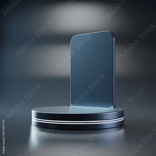 Minimalist dark blue product display podium with glowing white light accents pedestal stage