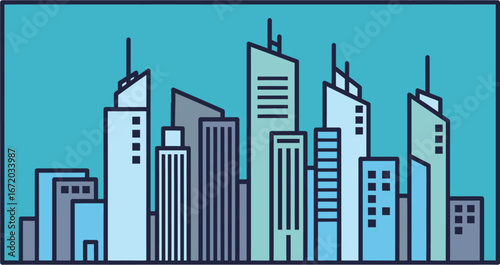 Abstract vector illustration of a stylized urban skyline with buildings and skyscrapers