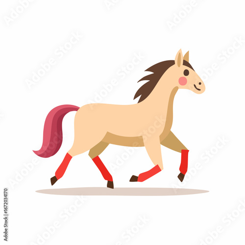 Cartoon illustration of a light beige horse running with red leg warmers.