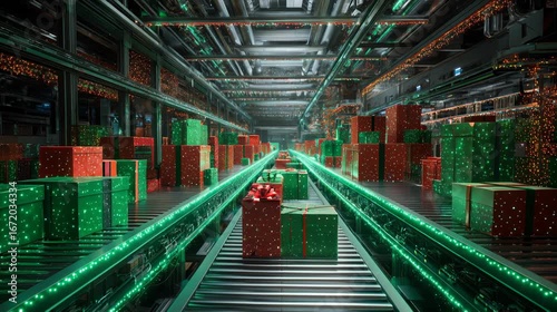 Christmas Gift Boxes on Conveyor Belt in Festive Factory
