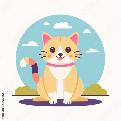 Cartoon illustration of a cute, light orange cat with a pink collar sitting outdoors against a blue sky and cloud background.