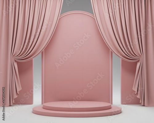 Minimalist pink stage with podium and draped curtains for product display image