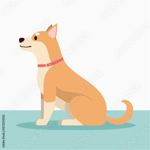 Illustration of a light brown and beige dog sitting attentively with a pink collar against a light background.