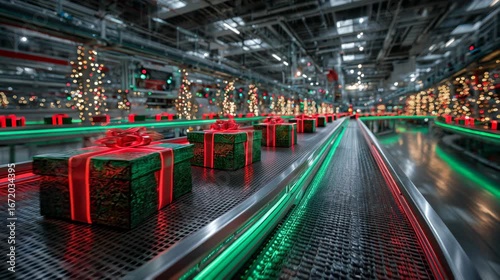 Christmas Gift Boxes on Conveyor Belt in Festive Factory
