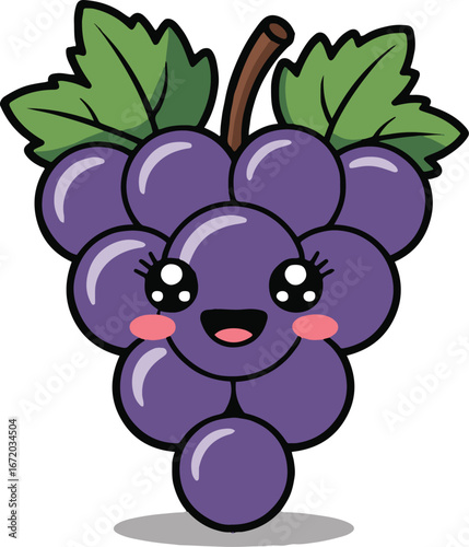 Illustration of a cartoon grape cluster with a smiling face and green leaves on a white background