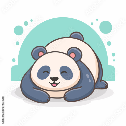 A cute, cartoon panda resting peacefully, smiling with closed eyes on a blue background.