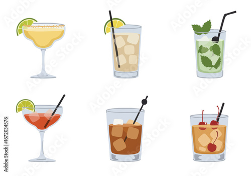 Vibrant collection of six classic and modern alcoholic cocktails and mixed drinks, featuring margarita, mojito, and whiskey, isolated on white background.
