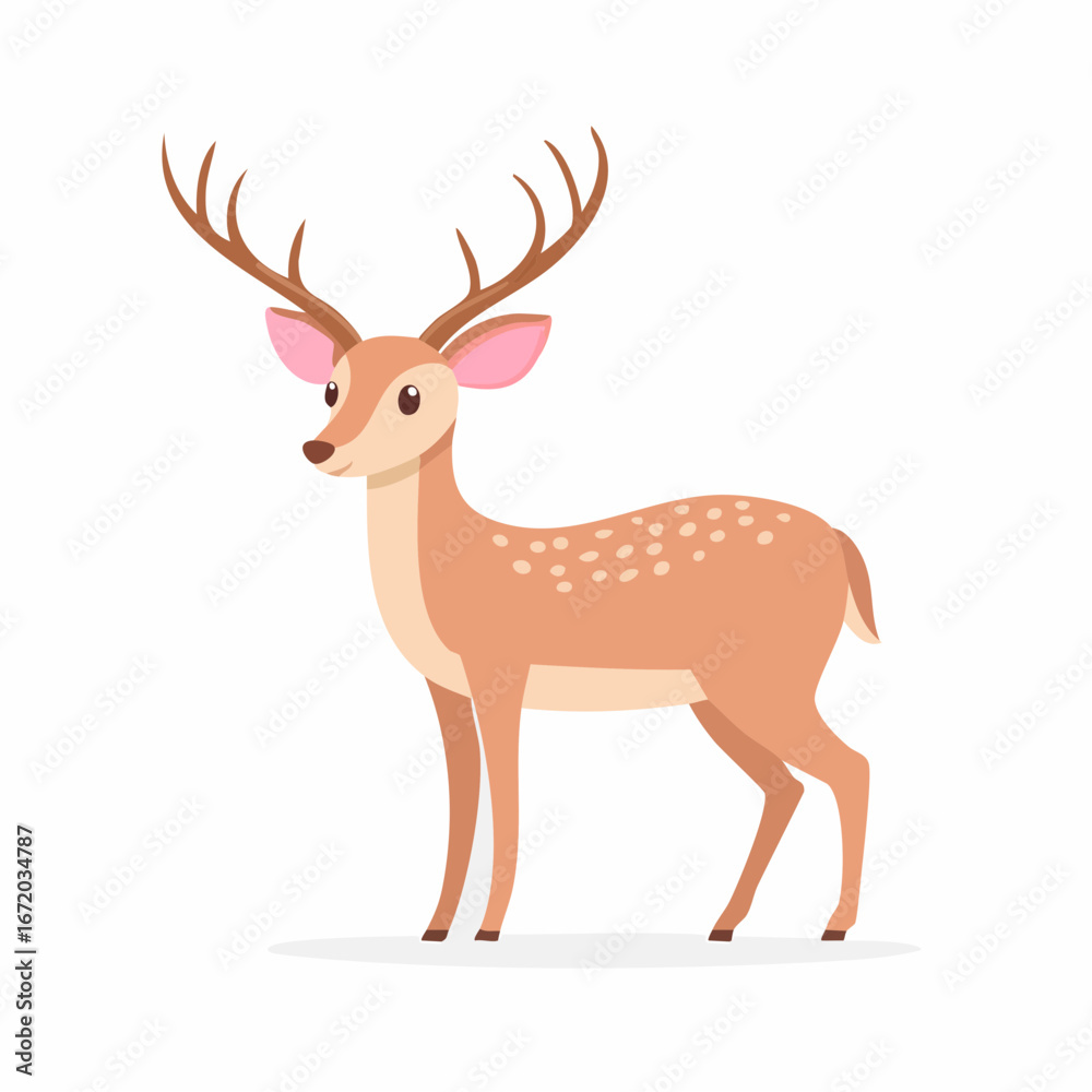 A charming illustration of a young, spotted deer with large antlers.