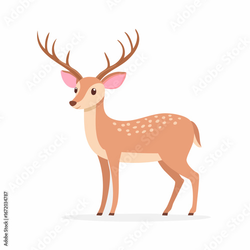 A charming illustration of a young, spotted deer with large antlers.
