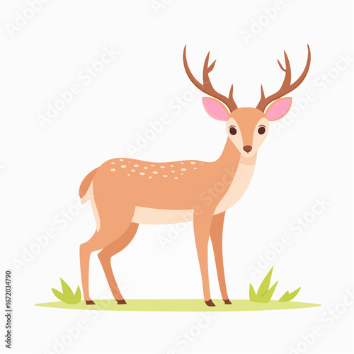 A charming illustration of a light brown deer with antlers, standing in grass.