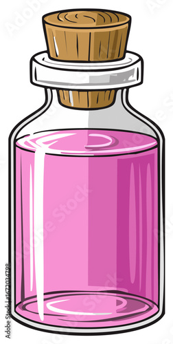 Cartoon cork stoppered glass vial with pink liquid potion for alchemy or magic